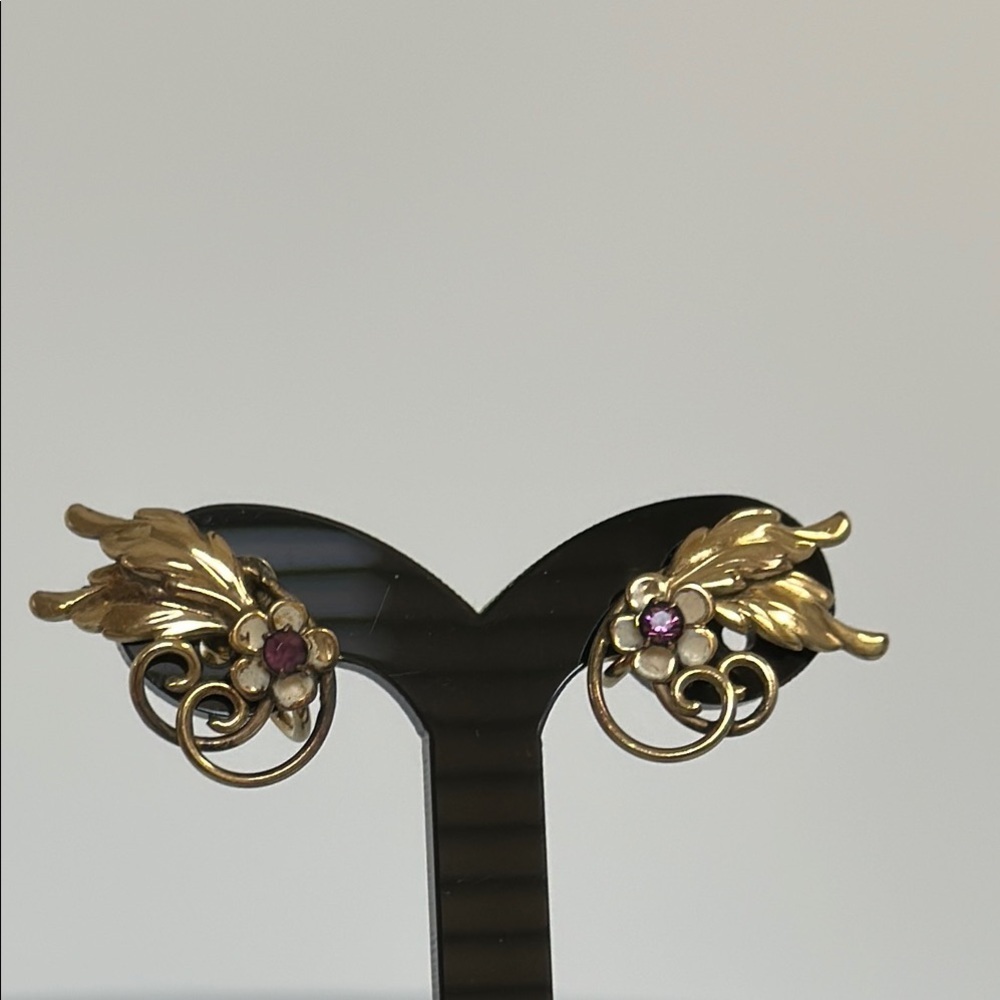VINTAGE 12k Gf enamel Floral Earrings